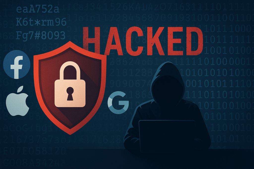 Facebook, Apple, and Google Icon next to a shield with a lock and the word "Hacked" at the background