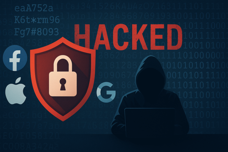 Facebook, Apple, and Google Icon next to a shield with a lock and the word "Hacked" at the background
